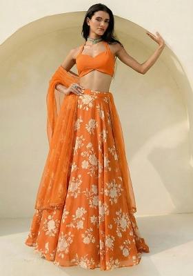 Orange Floral Print Georgette Lehenga Set