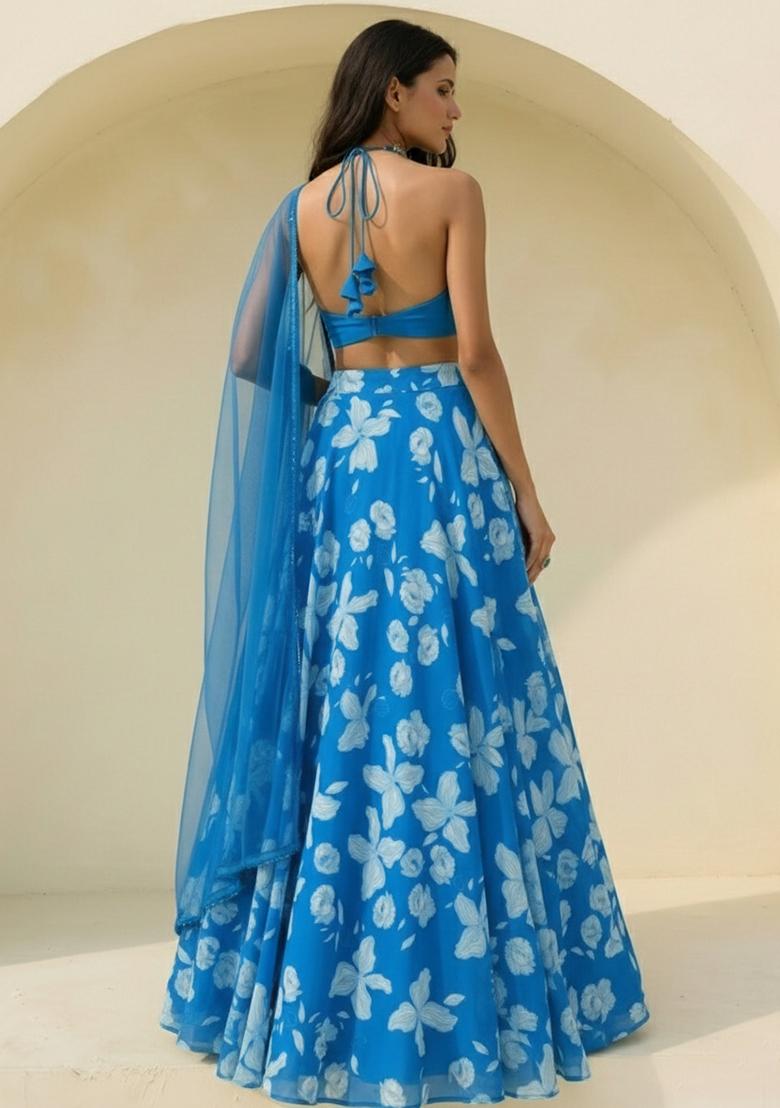 Teal Blue Floral Print Georgette Lehenga Set - Indya