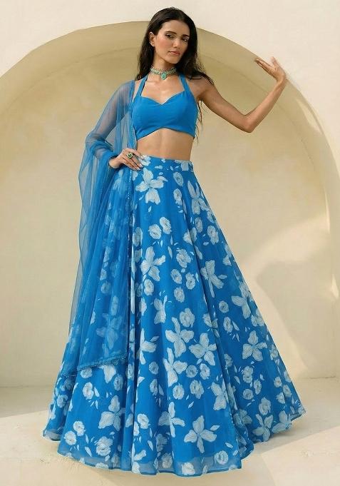 Teal Blue Floral Print Georgette Lehenga Set