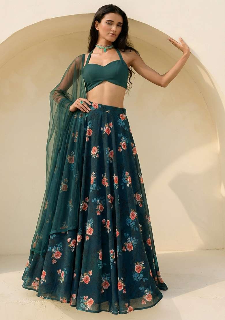 Emerald Green Floral Print Georgette Lehenga Set for Diwali and Festive Wear - Indya
