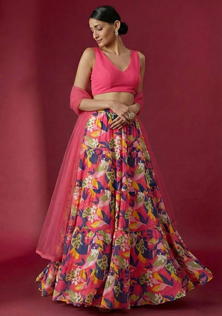 Pink Georgette Lehenga Set with Floral Print for Diwali | Wedding & Festive Wear - Indya