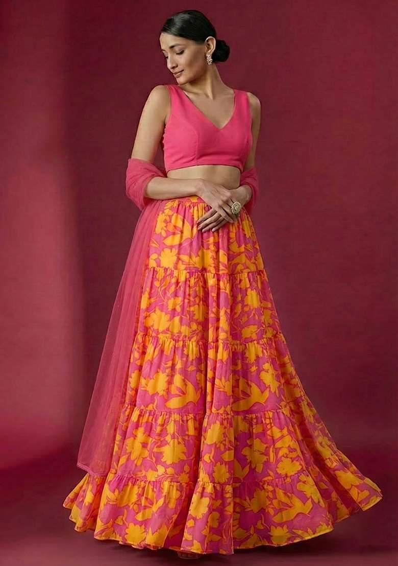 Pink Georgette Lehenga Set with Floral Print for Diwali | Wedding & Festive Wear - Indya