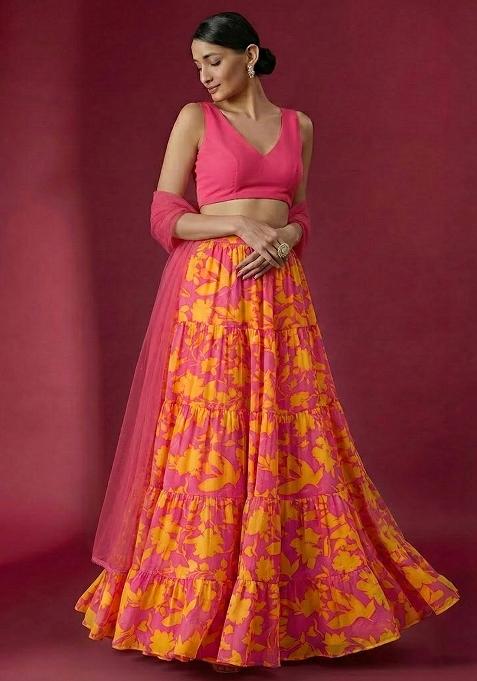 Pink Floral Print Georgette Lehenga Set