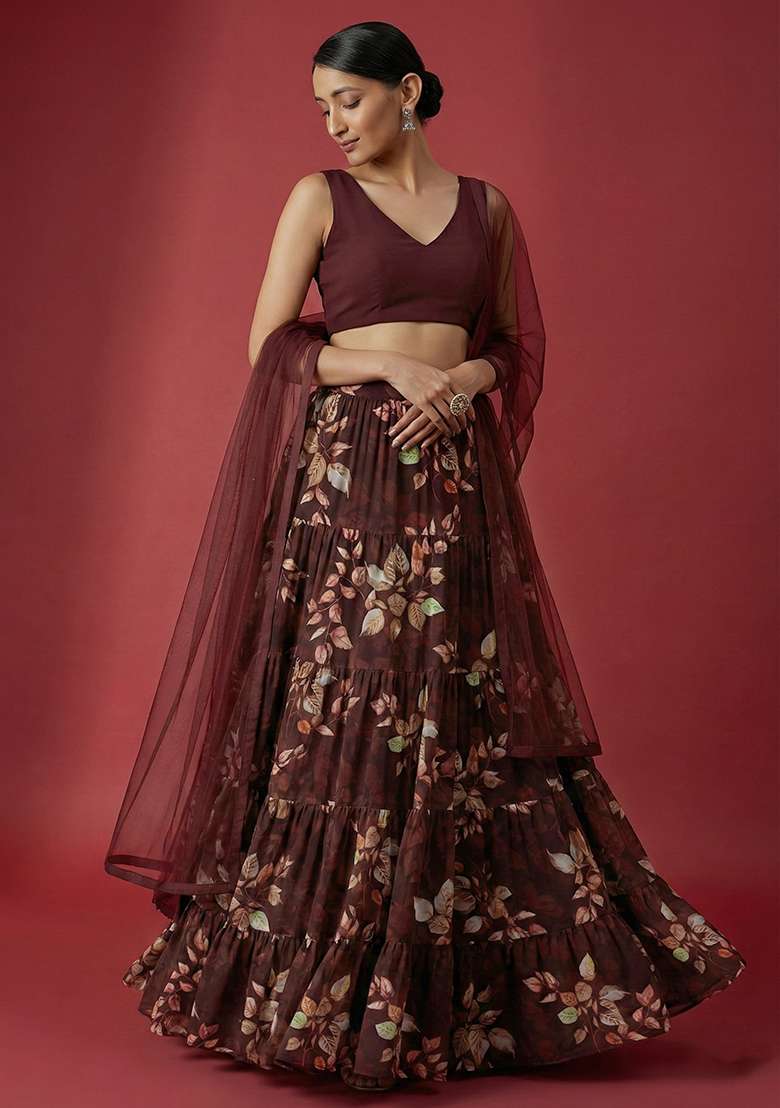 Dark Brown Georgette Lehenga Set with Floral Print for Diwali | Wedding & Festive Wear - Indya