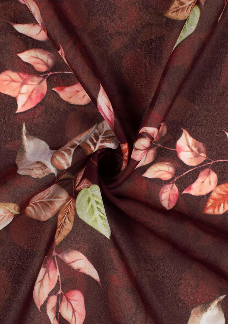 Dark Brown Georgette Lehenga Set with Floral Print for Diwali | Wedding & Festive Wear - Indya