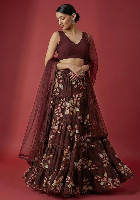 Dark Brown Floral Print Georgette Lehenga Set