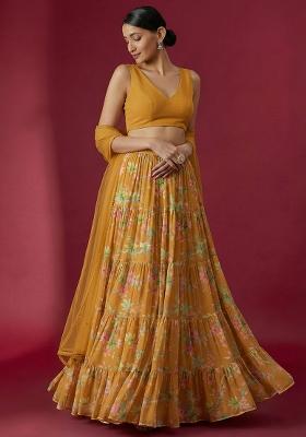 Mustard Floral Print Georgette Lehenga Set