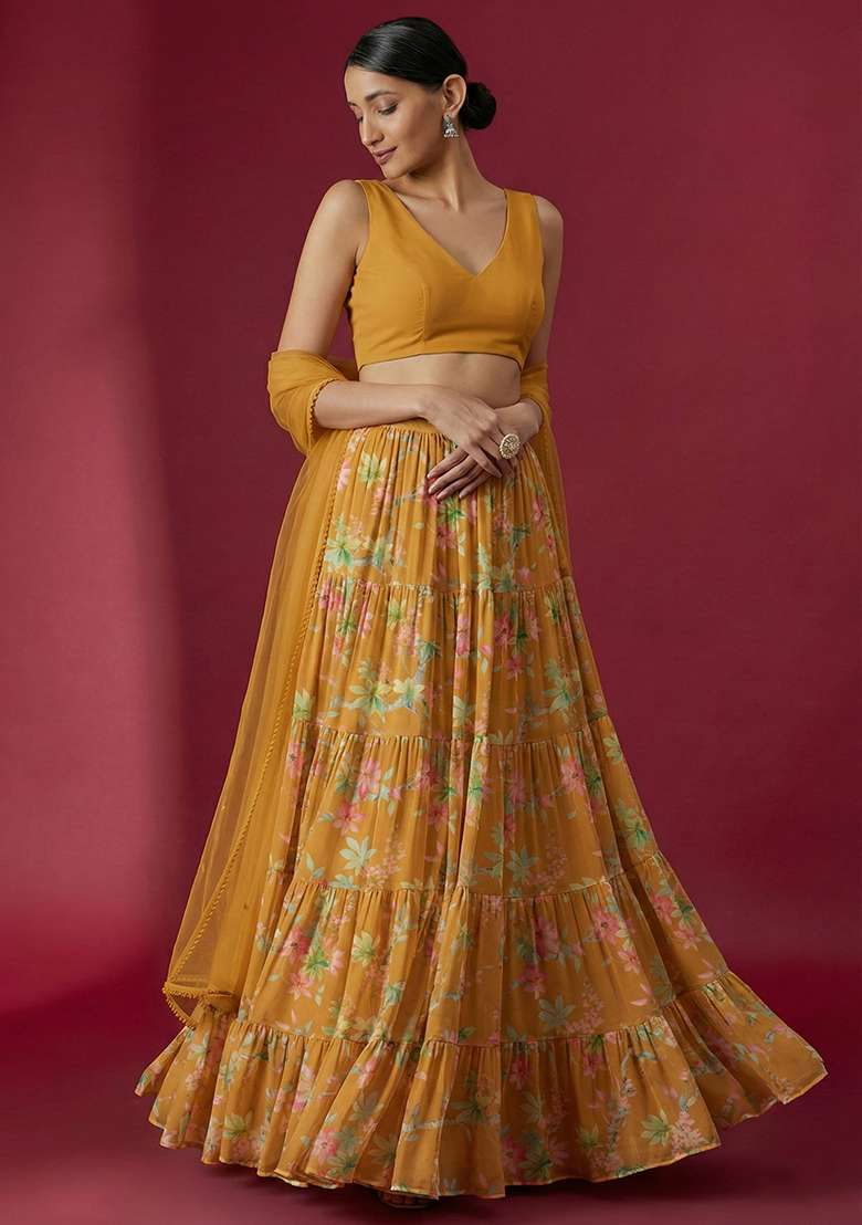 Mustard Georgette Lehenga Set with Floral Print for Diwali | Wedding & Festive Wear - Indya