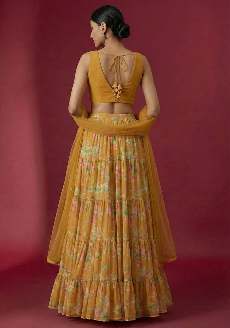 Mustard Georgette Lehenga Set with Floral Print for Diwali | Wedding & Festive Wear - Indya