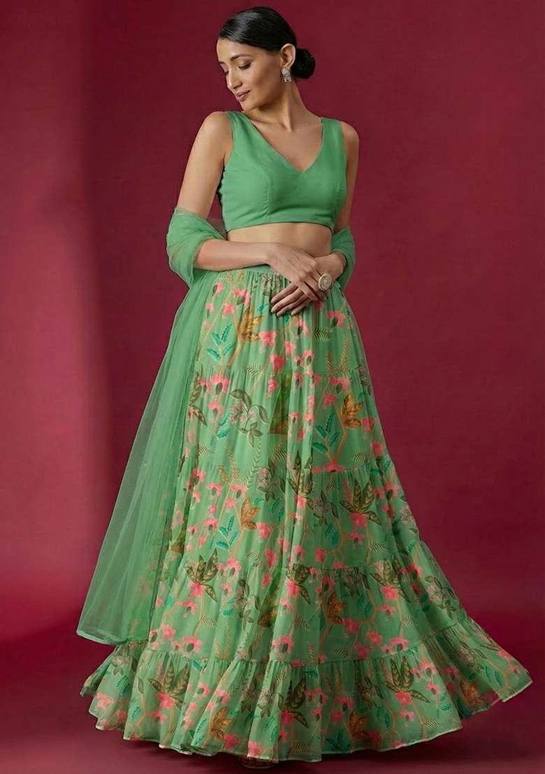 Mint Green Georgette Lehenga Set with Floral Print for Diwali | Wedding & Festive Wear - Indya