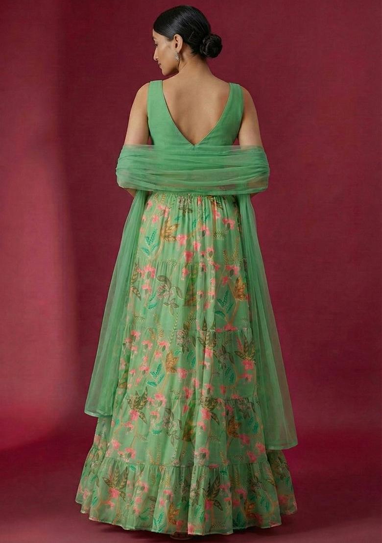 Mint Green Floral Print Georgette Lehenga Set - Indya