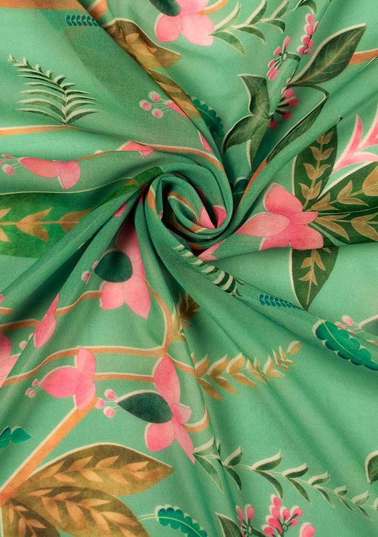 Mint Green Georgette Lehenga Set with Floral Print for Diwali | Wedding & Festive Wear - Indya