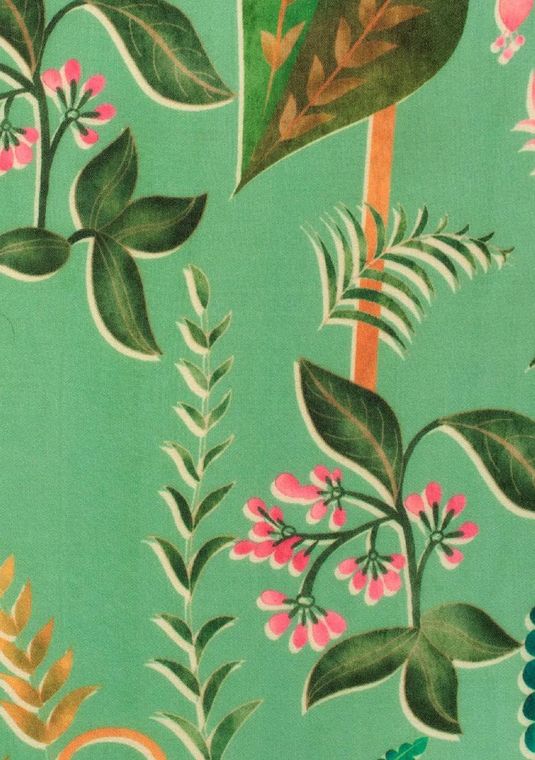 Mint Green Floral Print Georgette Lehenga Set - Indya