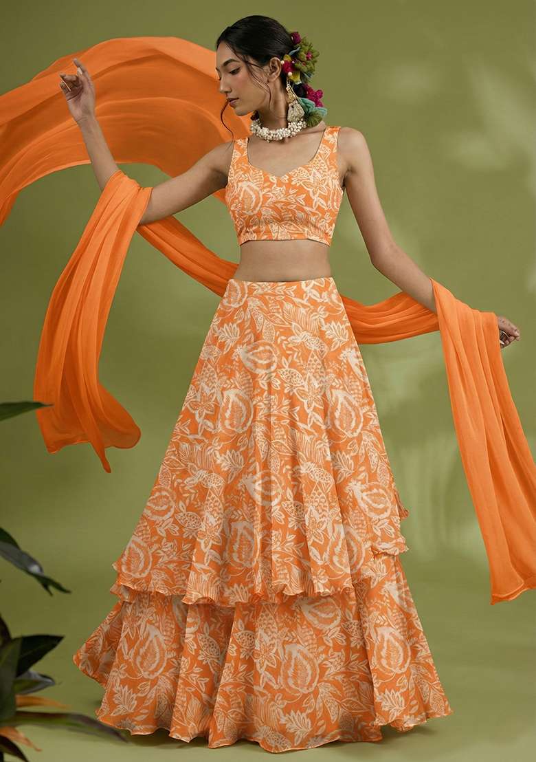 Orange Floral Print Chinon Lehenga Set for Diwali and Festive Wear - Indya