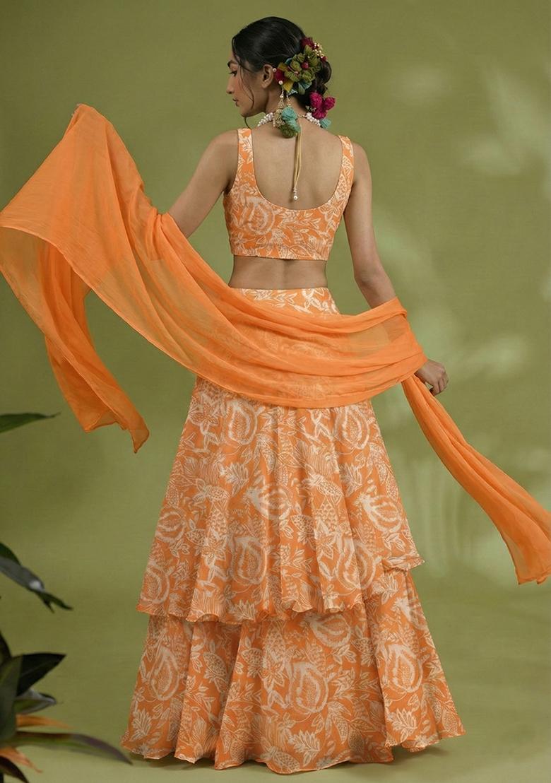 Orange Floral Print Chinon Lehenga Set - Indya