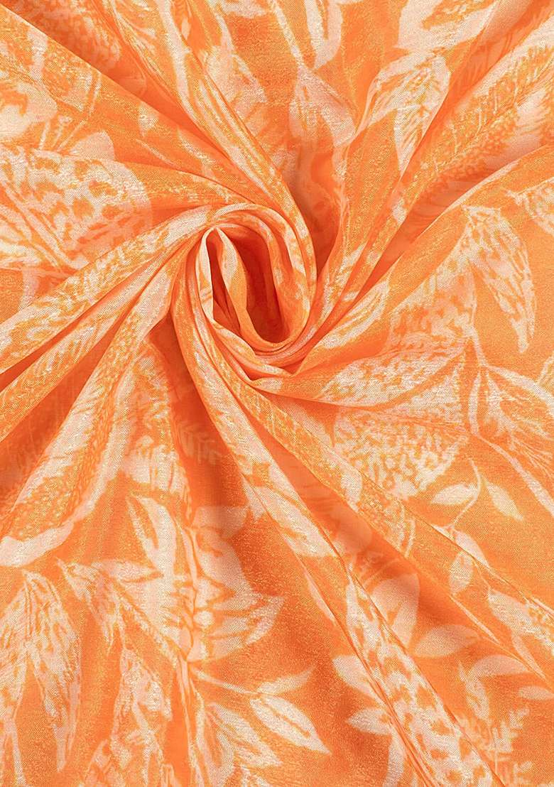 Orange Floral Print Chinon Lehenga Set for Diwali and Festive Wear - Indya