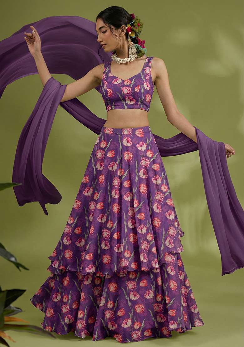Purple Chinon Lehenga Set with Floral Print for Diwali | Wedding & Festive Wear - Indya