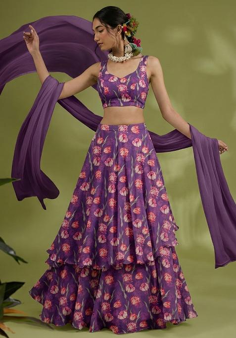 Purple Floral Print Chinon Lehenga Set