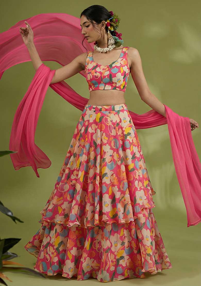 Blush Pink Floral Print Chinon Lehenga Set for Diwali and Festive Wear - Indya