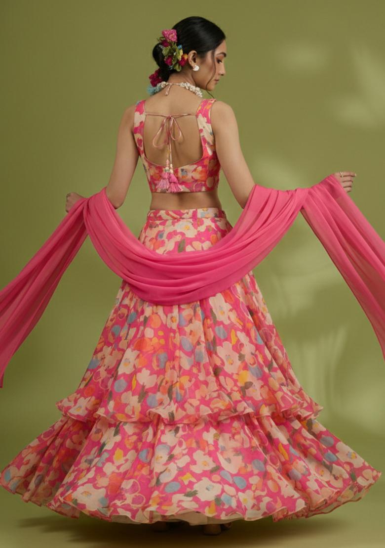 Blush Pink Floral Print Chinon Lehenga Set - Indya