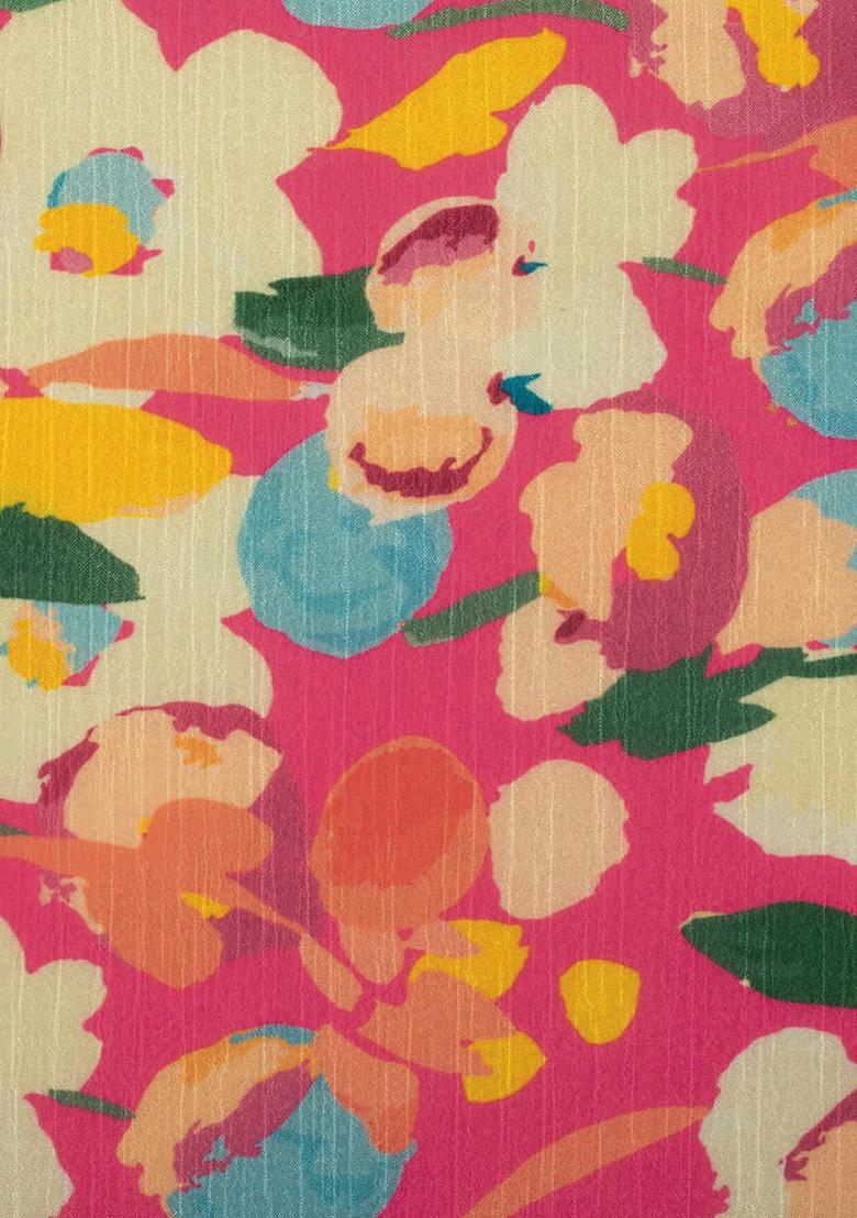 Blush Pink Floral Print Chinon Lehenga Set - Indya