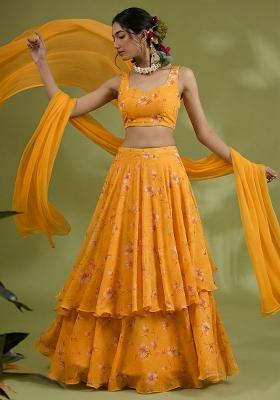 Yellow Floral Print Chinon Lehenga Set