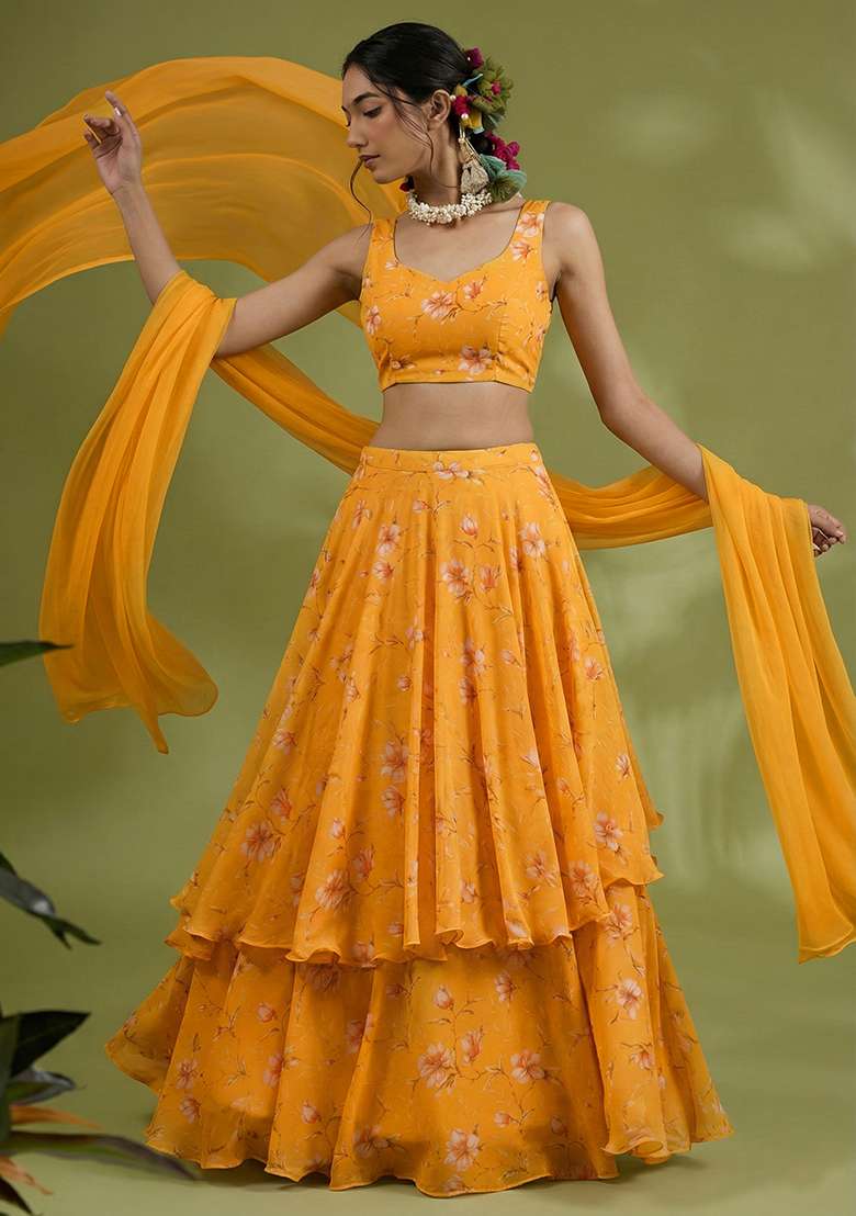 Yellow Floral Print Chinon Lehenga Set for Diwali and Festive Wear - Indya