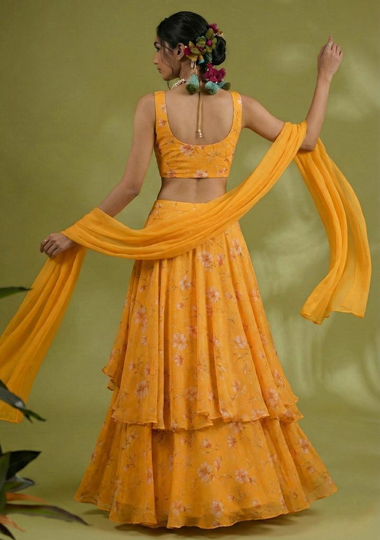 Yellow Floral Print Chinon Lehenga Set - Indya
