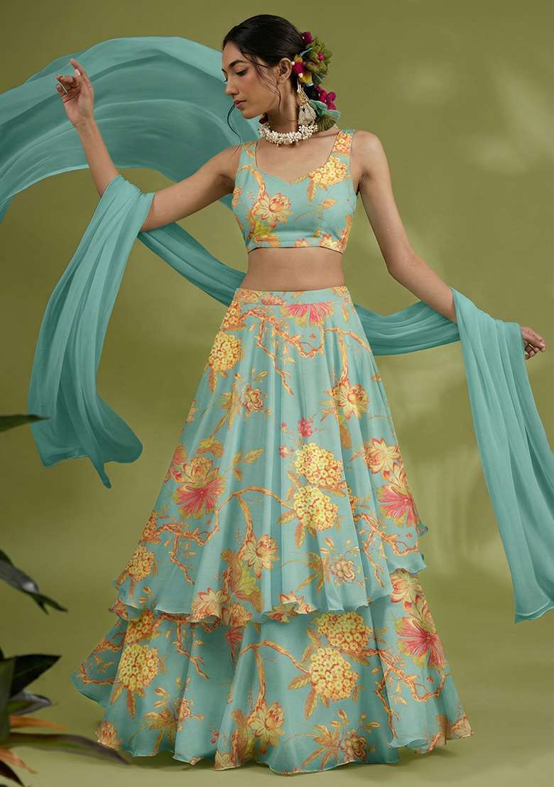 Aqua Green Floral Print Chinon Lehenga Set for Diwali and Festive Wear - Indya