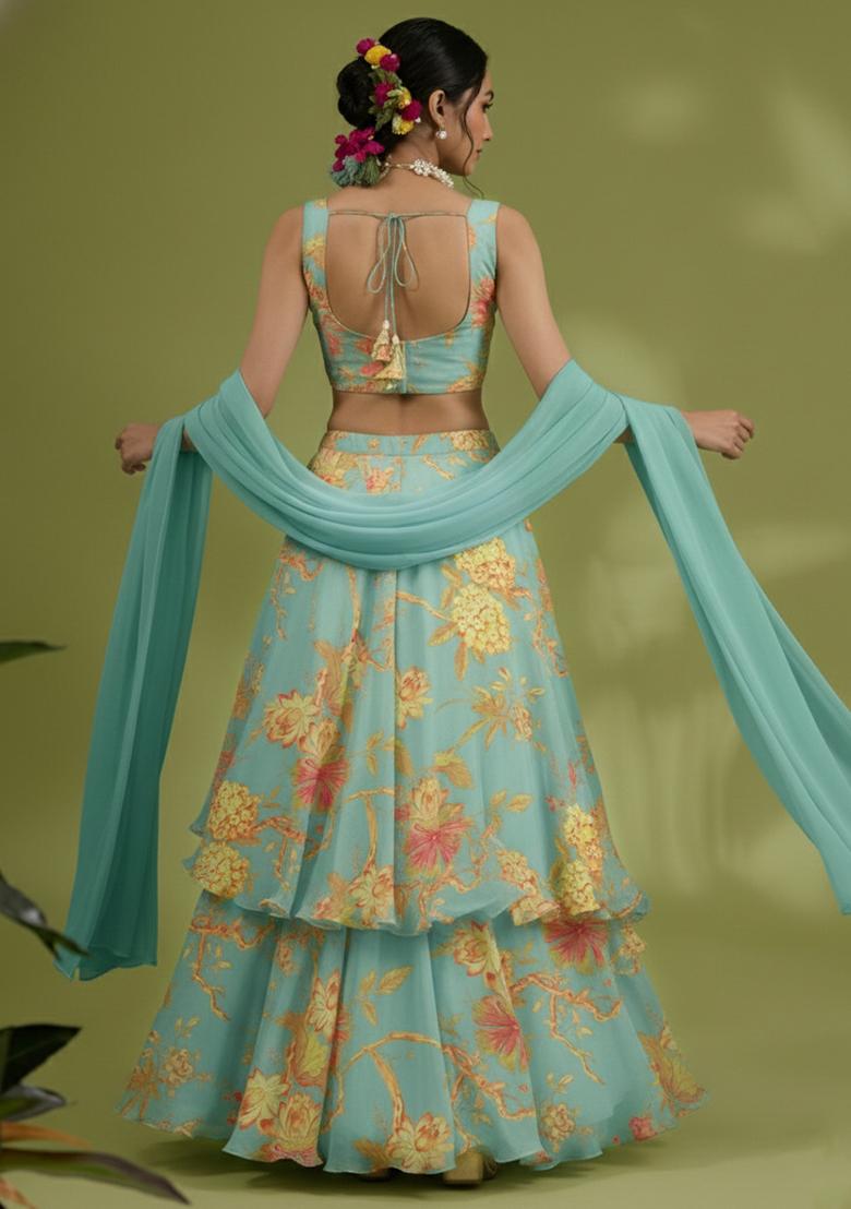 Aqua Green Floral Print Chinon Lehenga Set - Indya