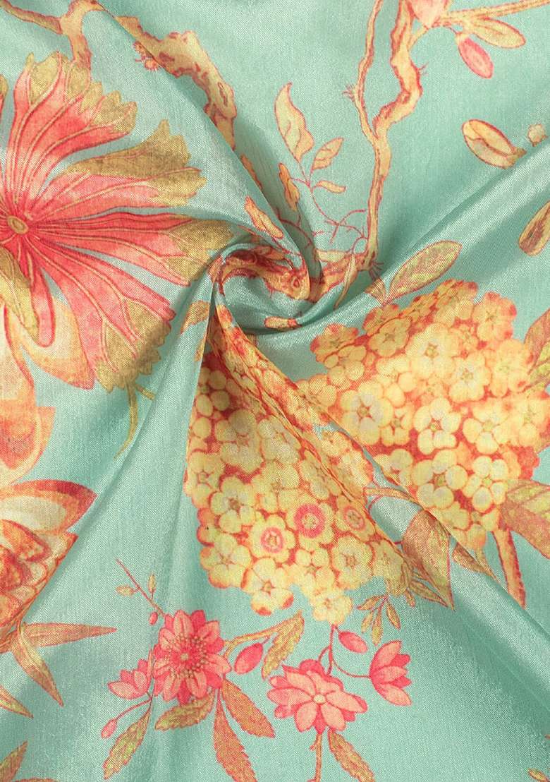 Aqua Green Floral Print Chinon Lehenga Set for Diwali and Festive Wear - Indya
