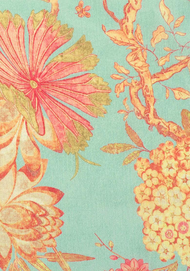 Aqua Green Floral Print Chinon Lehenga Set - Indya