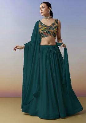 Teal Blue Embroidered Crepe Lehenga Set