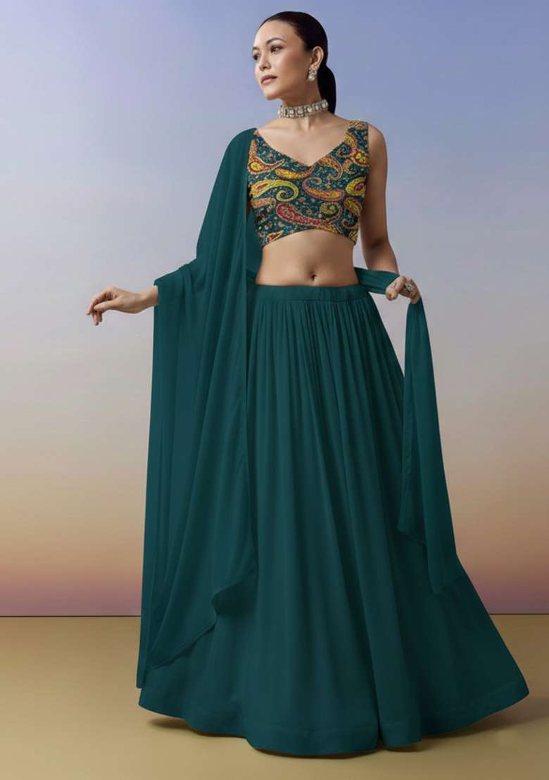 Teal Blue Embroidered Crepe Lehenga Set - Indya