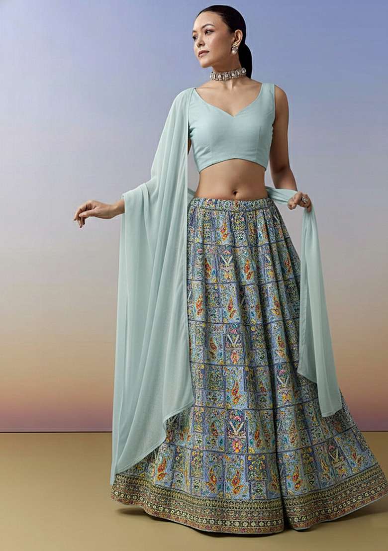 Powder Blue Embroidered Crepe Lehenga Set - Indya