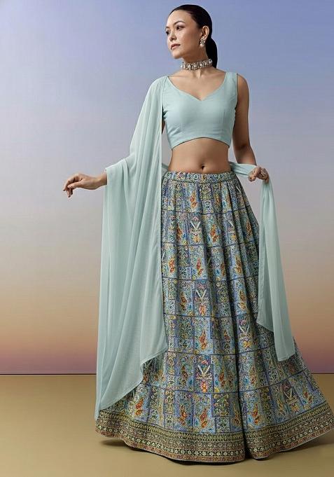 Powder Blue Embroidered Crepe Lehenga Set
