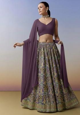 Purple Embroidered Crepe Lehenga Set