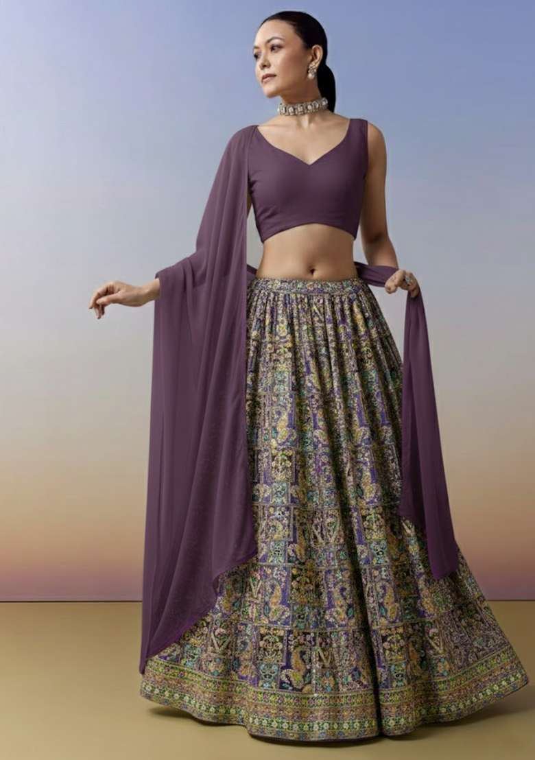 Purple Embroidered Crepe Lehenga Set - Indya