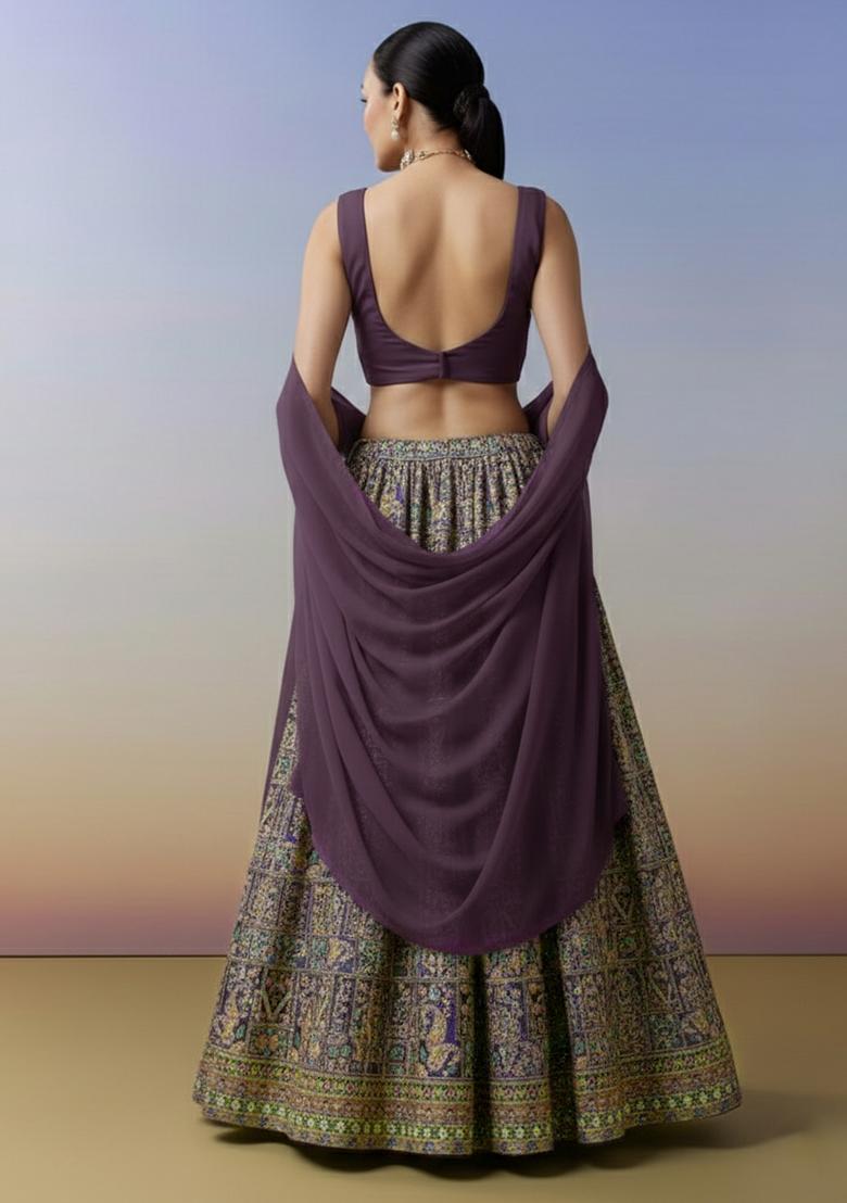 Purple Embroidered Crepe Lehenga Set - Indya