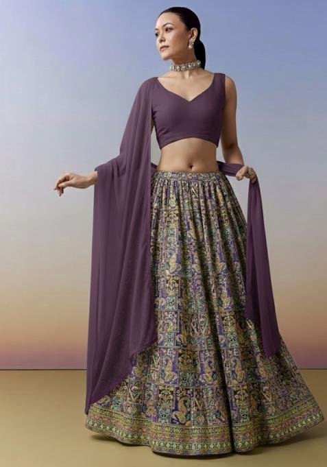 Purple Embroidered Crepe Lehenga Set