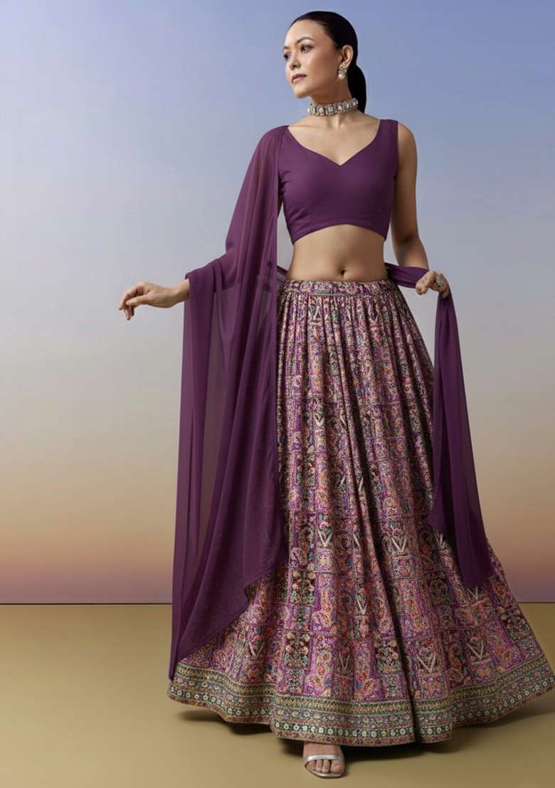 Purple Embroidered Crepe Lehenga Set - Indya
