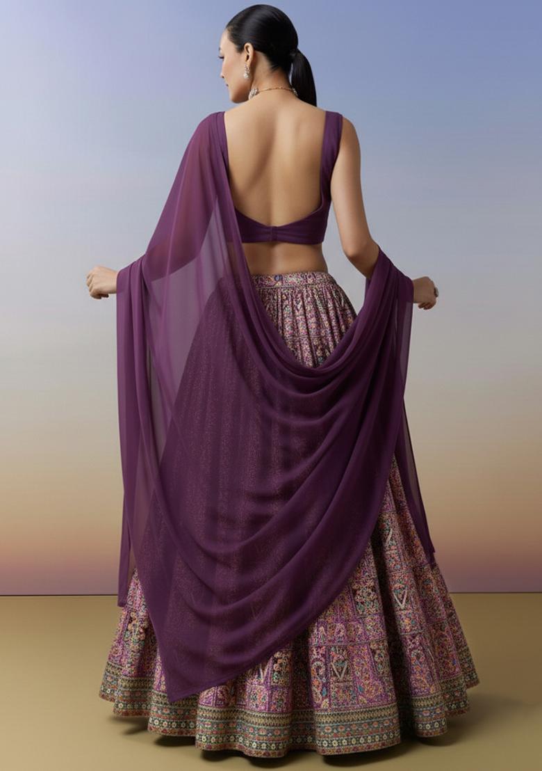 Purple Embroidered Crepe Lehenga Set - Indya