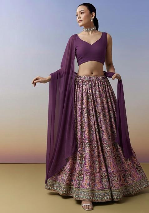 Purple Embroidered Crepe Lehenga Set