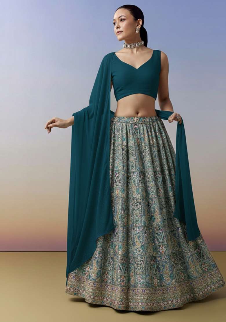 Teal Blue Embroidered Crepe Lehenga Set - Indya