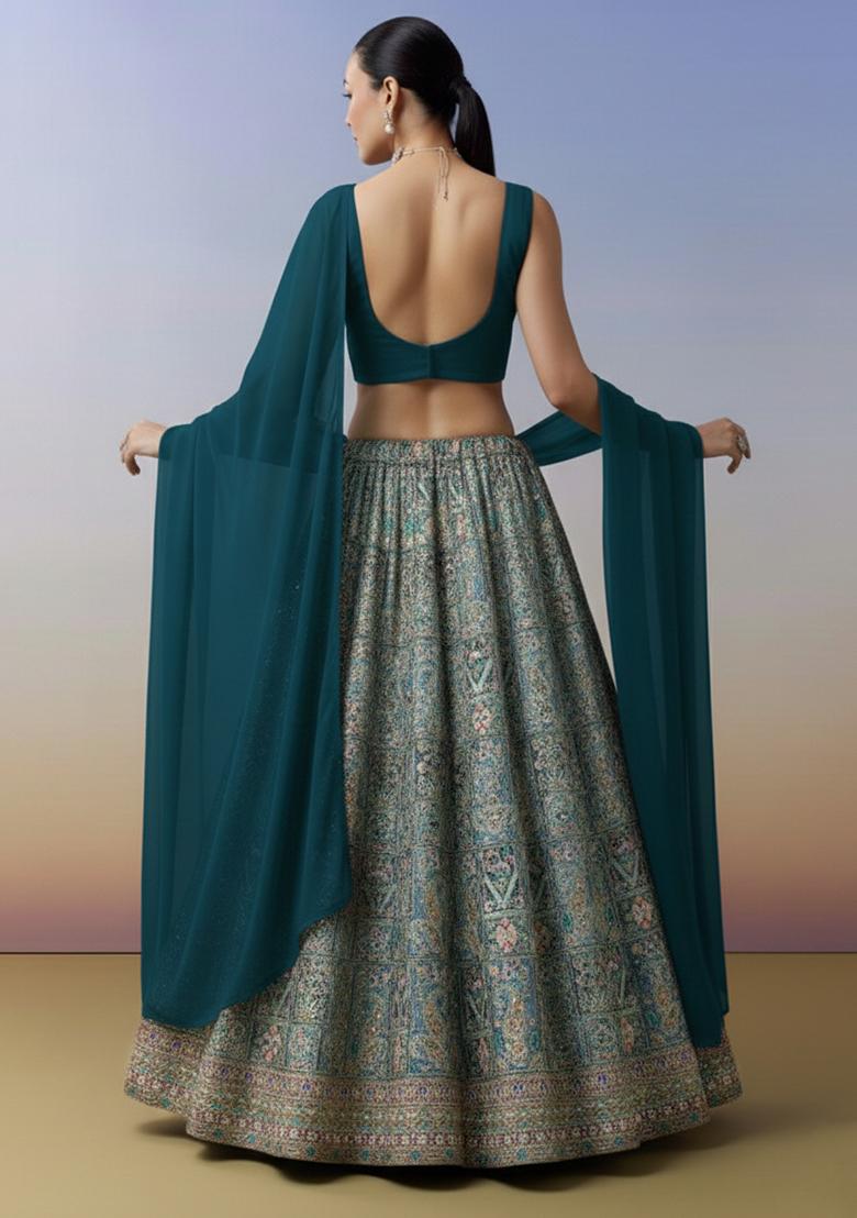 Teal Blue Embroidered Crepe Lehenga Set - Indya
