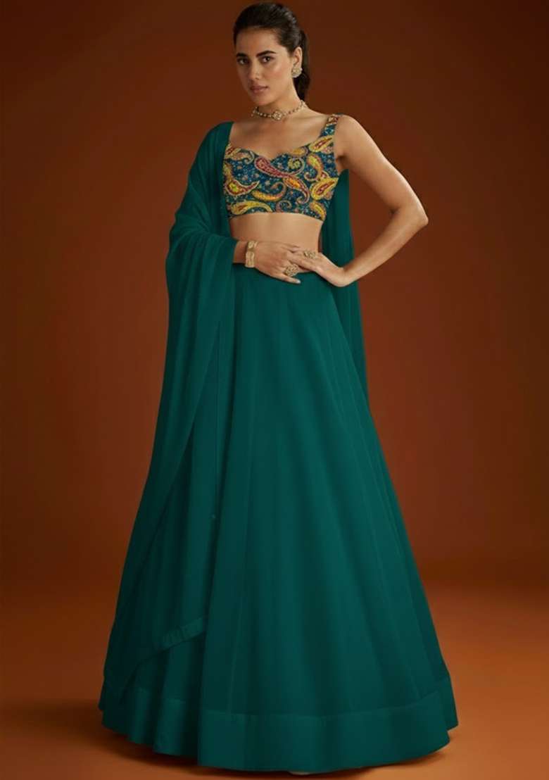 Emerald Green Embroidered Crepe Lehenga Set - Indya