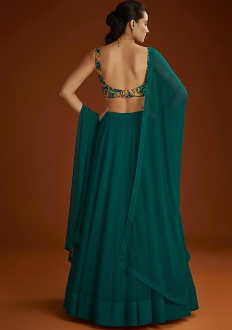 Emerald Green Embroidered Crepe Lehenga Set - Indya