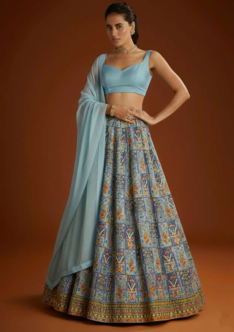 Ice Blue Embroidered Crepe Lehenga Set - Indya