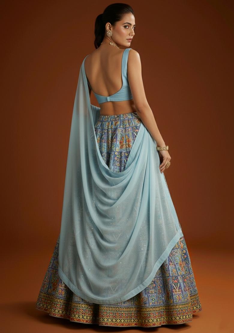 Ice Blue Embroidered Crepe Lehenga Set - Indya