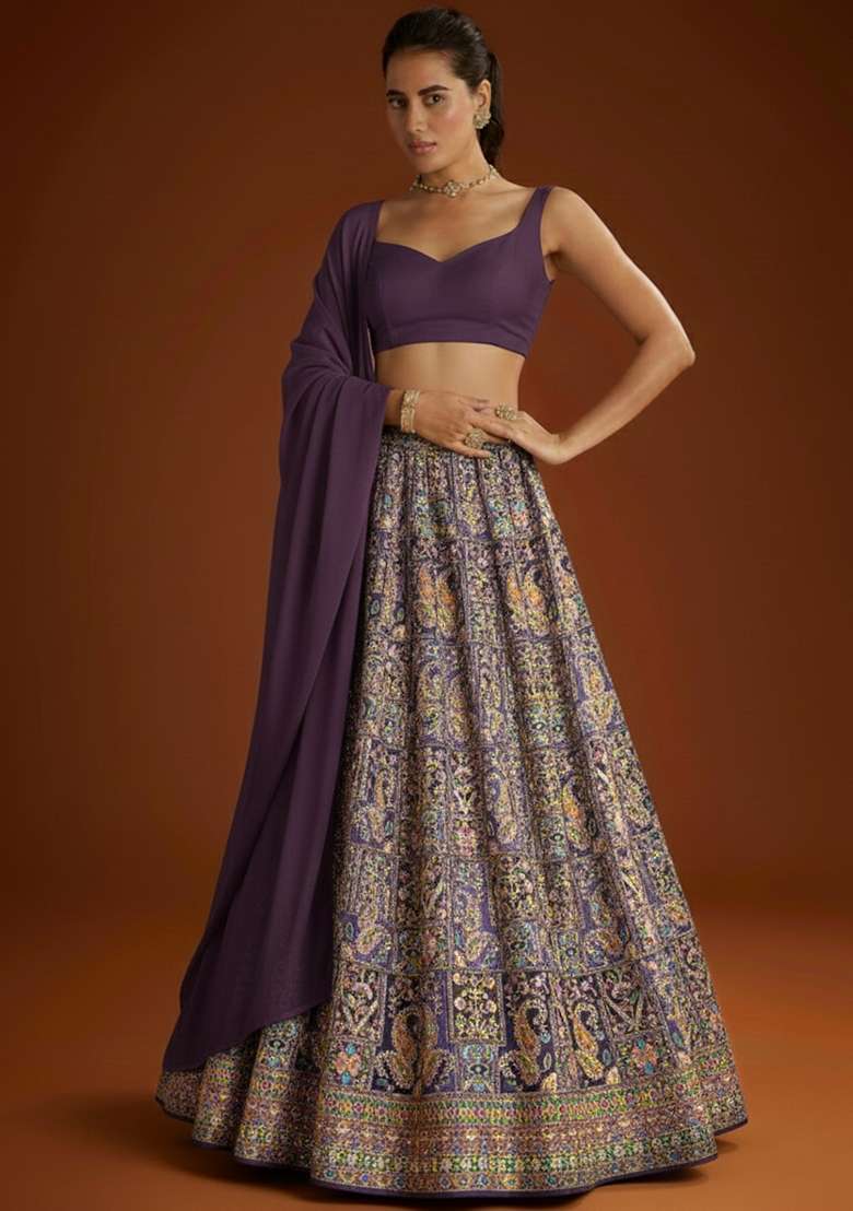 Purple Embroidered Crepe Lehenga Set - Indya